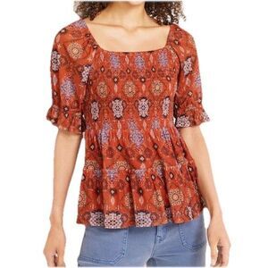 Women’s Size Large Peplum Shirt Orange Smocked Short Sleeve blouse Boho